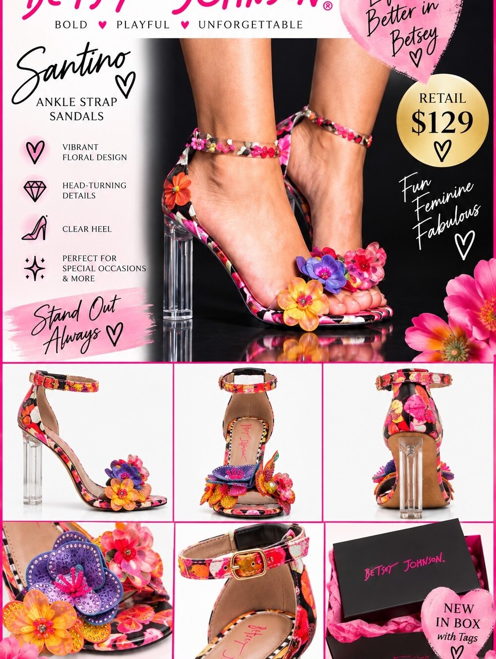 Betsey Johnson Santino in a vibrant, show-stopping ankle-strap sandal NiB